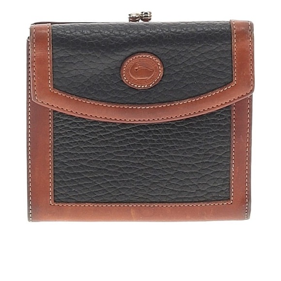 Dooney & Bourke Handbags - VTG DOONEY BOURKE AWL NAVY/ BRIT TAN FRENCH WALLET KISS LOCK COIN POCKET CARD